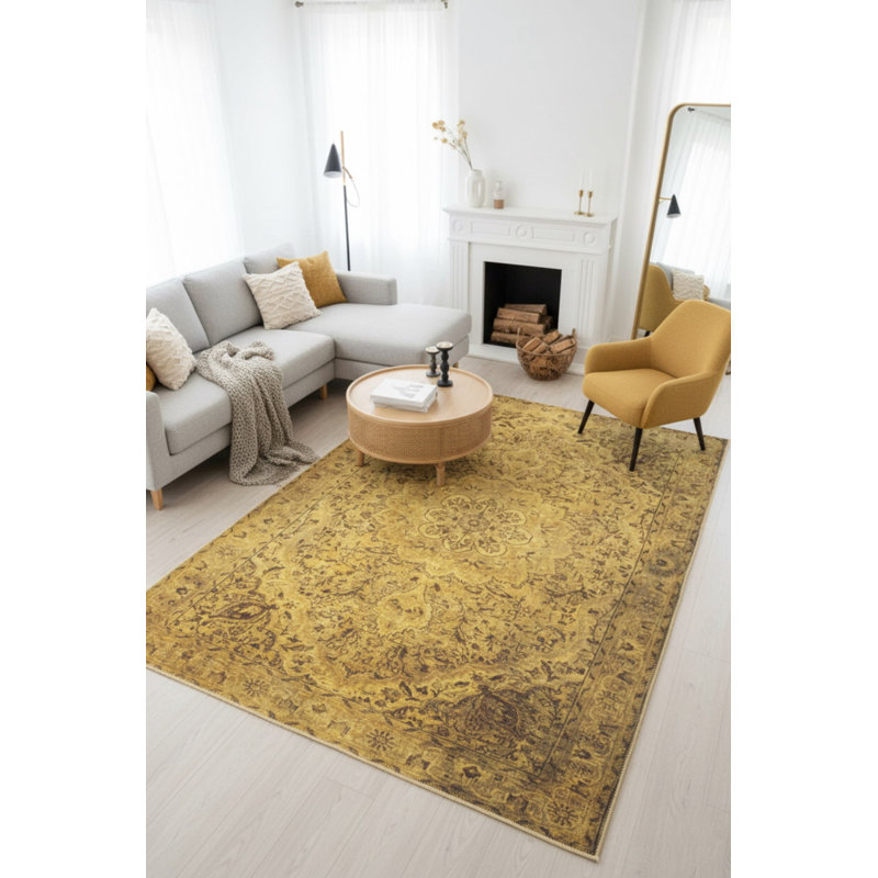 Tapis jaune à motif tissé rétro, Rectangle 5 pi x 7 pi 7 po