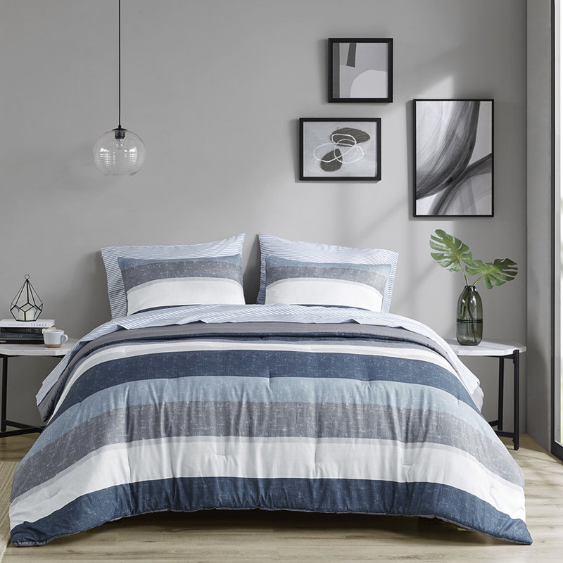 Modern Stripe Comforter With Navy Blue Grey Sheets - Chic Style Bedroom And Sheet