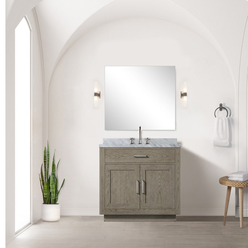 Ensemble de meuble-lavabo simple en chêne gris l 36 po x P 22 po, plateau en marbre de Carrare et robinet, Gris/argent