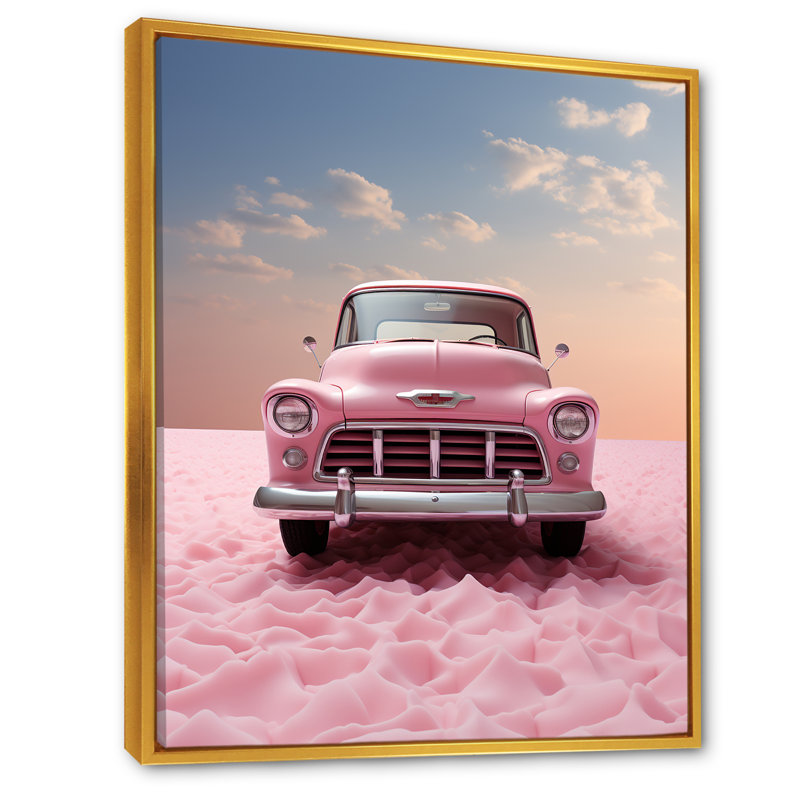 Romantisme, photo de camion rose sur toile, Cadre flottant doré, H 44 po x l 34 po