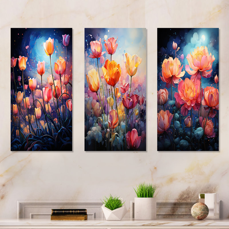 Multicolor Celestical Tulips At Night - Tulips Metal Prints Set Of 3, 28" H x 36" W