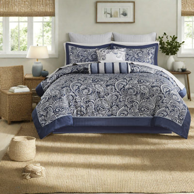 Luxurious 12 Piece Bedding Set, Polyester Jacquard, Navy Cal King