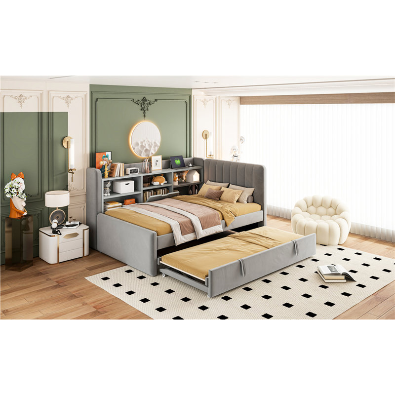 Twin Size Gray Upholstered Daybed With Pull - Out Trundle, Storage For Books, Charging Multifunctional Guest Rooms And Bedrooms & Outlet Shared Rooms, Space Saving Design