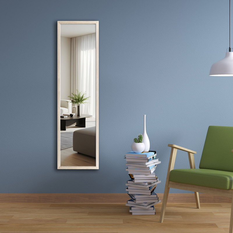 Miroir Elegant Cheval, cadre en bois, 13,8 x 49,2 pouces | 100% bois massif, épaisseur du cadre: 1,2 po, épaisseur du miroir: 0,16 po | Design mural moderne beige pour les chambres à coucher et les vestiaires élégants