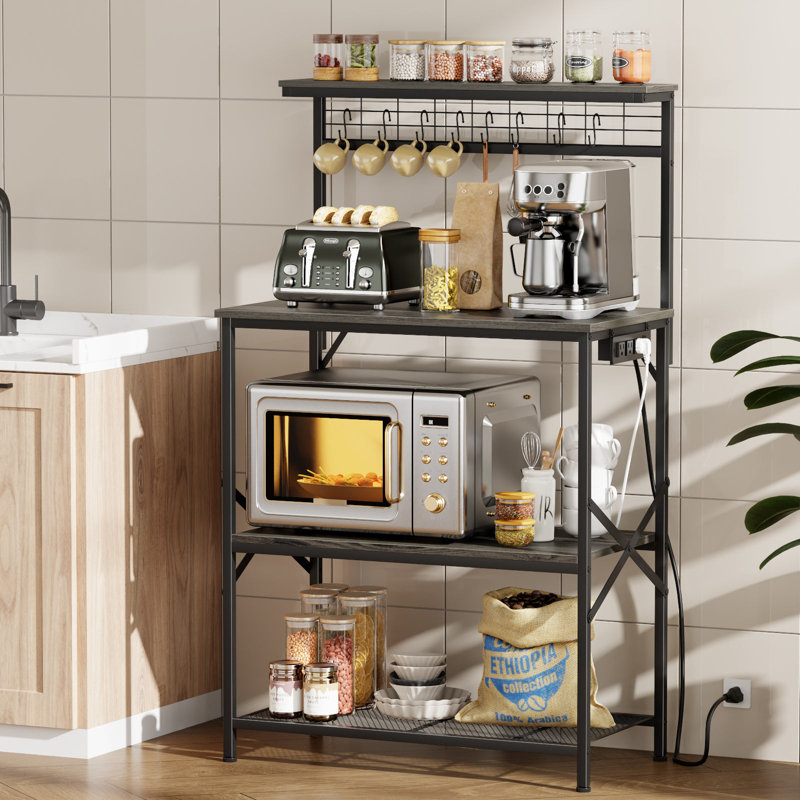 31.5 Inch 4 Tier Kitchen Bakers Rack, Coffee Bar Station with Power Outlets, Microwave Stand Storage Shelf with S Hooks,Utility Organizer