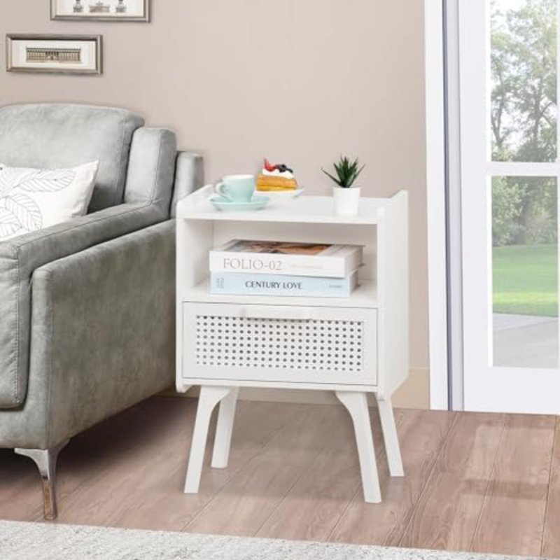 Table de chevet en rotin, table d'appoint avec tablette à tiroir ouverte, table de chevet d'appoint en canne avec pieds en bois massif, table de chevet moderne Mid-Century pour chambre à coucher, dortoir et petits espaces (blanc)