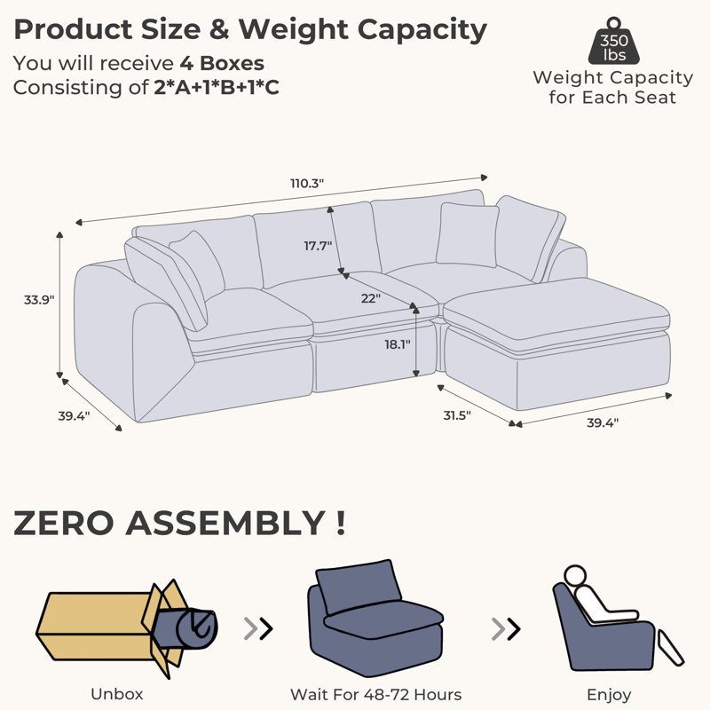 Canapé d'angle modulaire sans os de 279 cm de large avec pouf, canapé d'angle en forme de L 4 places, revêtement capitonné, aucun assemblage requis