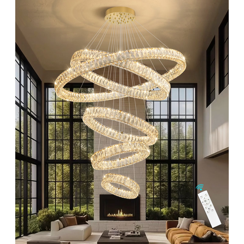 Lustre moderne en cristal à 5 anneaux, Doré