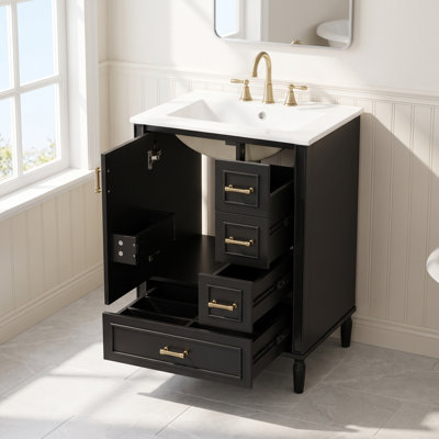 Meuble-lavabo simple Larkspur de 61 cm (24 po) au fini vert forêt avec dessus en céramique blanche, portes de style Shaker et rangement à fermeture amortie