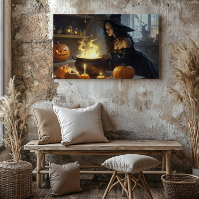 Wall Art Young Witch And Glowing Cauldron Magical Halloween Potion Art Canvas Ready To Hang Gallery Wrapped Home Decor Modern Design