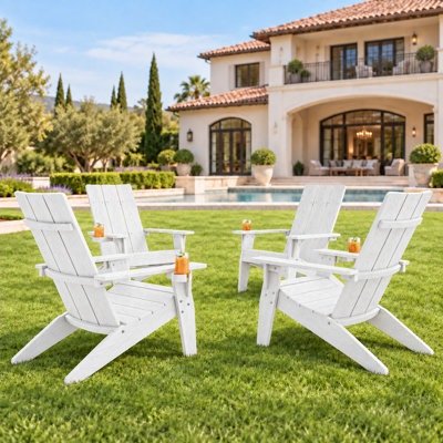 Aurra Set of 4 Oversized All-Weather Adirondack Chairs with Retractable Cup Holders HIPS Plastic Fire Pit Chairs（White）