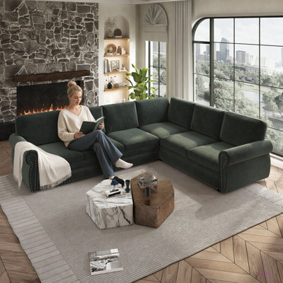 Canapé d'angle en L de 3 m avec lit gigogne, canapé-lit convertible surdimensionné avec garniture cloutée et accoudoirs arrondis, canapés d'angle en chenille, pour salon