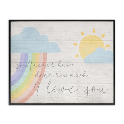 How Much I Love You Rainbow Clouds and Sun on Planks XXL Black Framed Giclee Texturized Art by Daphne Polselli