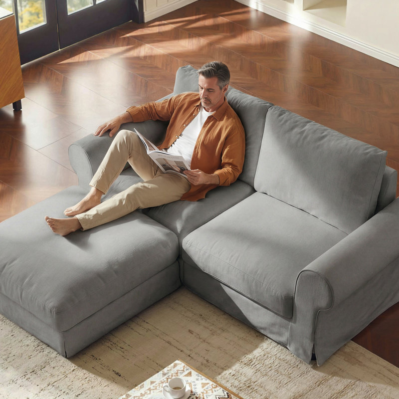 Canapé capitonné 2 places avec pouf, accoudoirs arrondis et base à jupe, gris, Gris