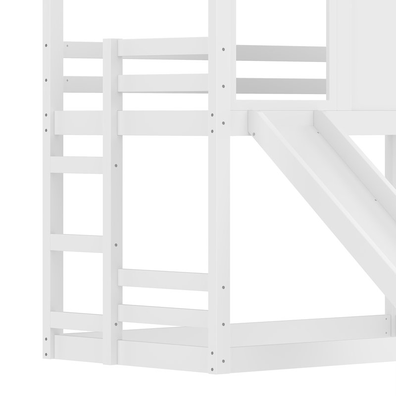 Twin House Bunk Bed With Slide And Storage Shelves, Solid Wood House Loft Bed With Window, Childlike Design, White