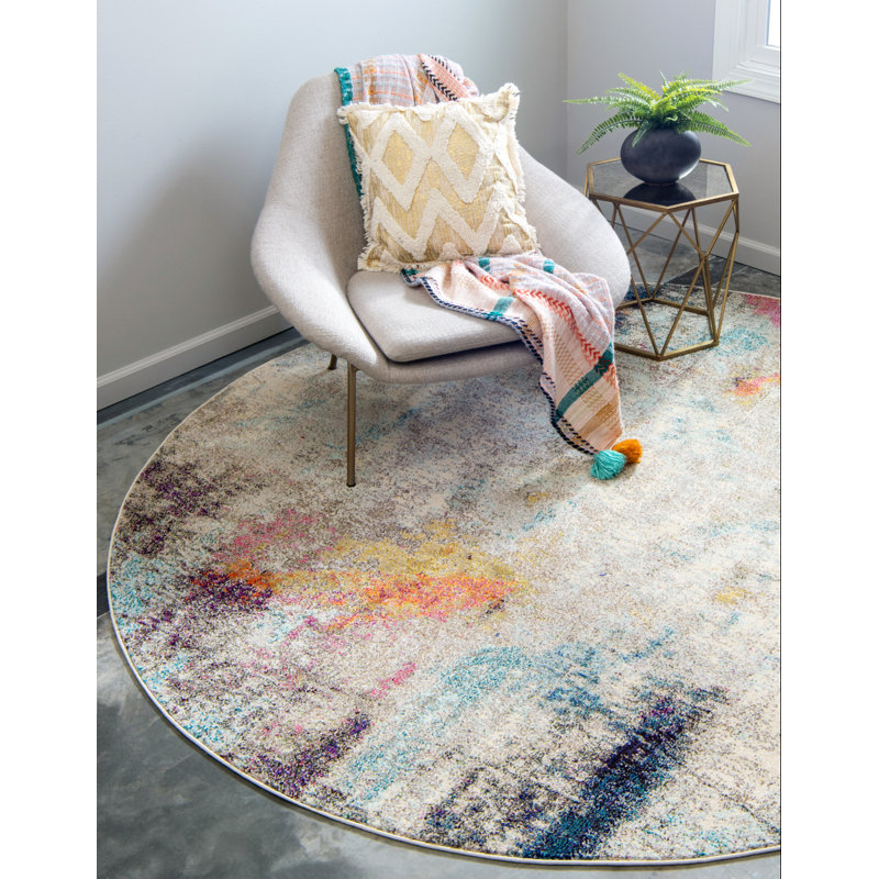 Tapis beige à motif abstrait Keimar, Rond 8 pi