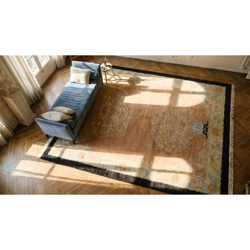 Tapis saumon antique en laine Art Deco