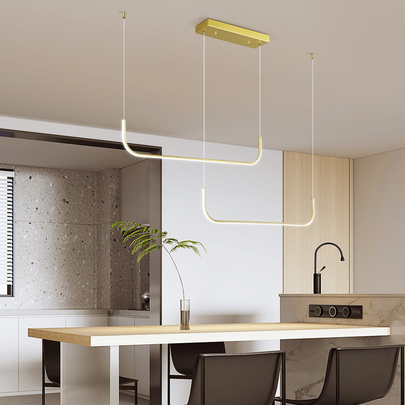 Îlot de cuisine moderne à DEL à intensité variable avec lustre linéaire pour le salon et la salle à manger (2 lumières), Doré