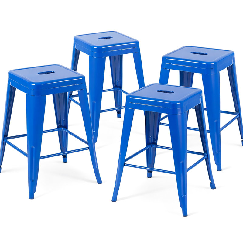 4 tabourets de bar bleus en métal sans dossier à hauteur de comptoir de 24 po, amovibles, faciles à nettoyer, pour les tabourets de salle à manger 4 po bleus