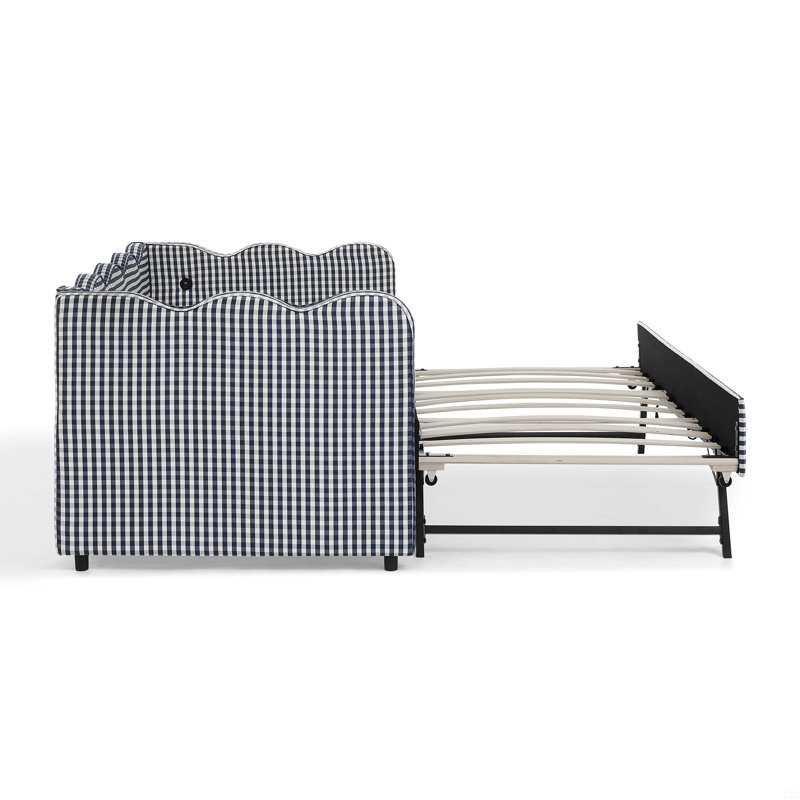 Daybed With Trundle Twin Size Sofa Bed No Box Spring Needed, With Usb Port And Adorable Wave Shaped, Linen Fabric, Navy