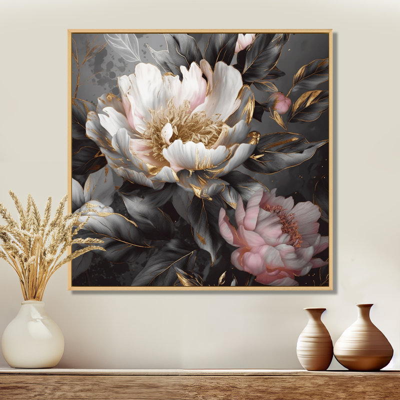 Pivoines roses et grises en fleurs II - impressions de pivoines, H 16 po x l 16 po, Cadre flottant érable