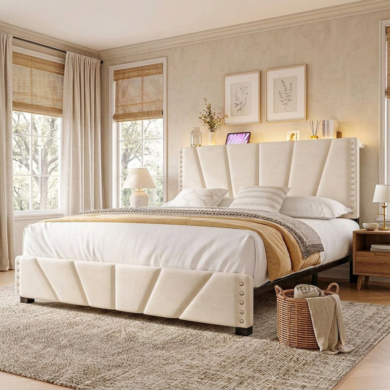Full Size Velvet Upholstered Storage Platform Bed Frame with Adjustable Height Headboard, LED Lighting, Charging Station and 11.8" Underbed Storage, No Box Spring Needed
