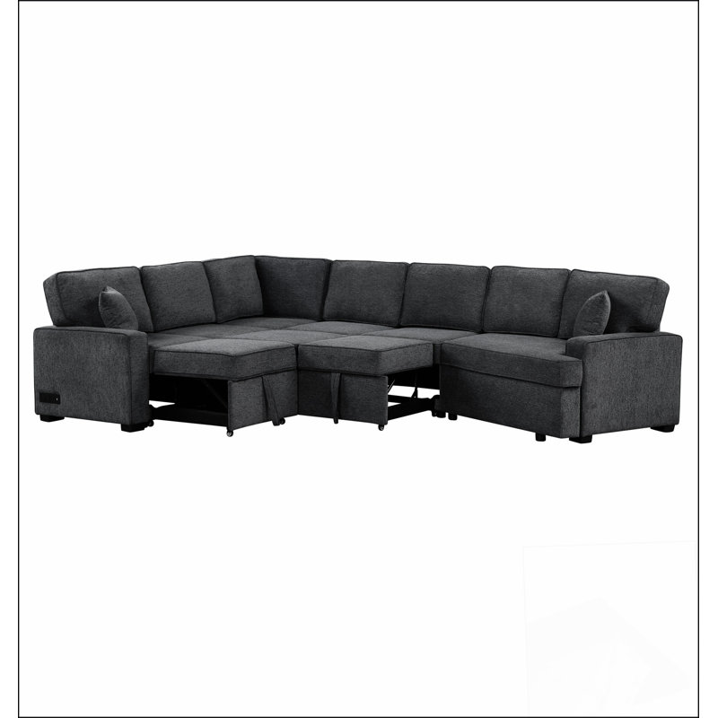 126" L-shaped Sofa Sectional Sofa Couch Pull-out Sofa Bed with Charging Devices, 4, Black/Blue