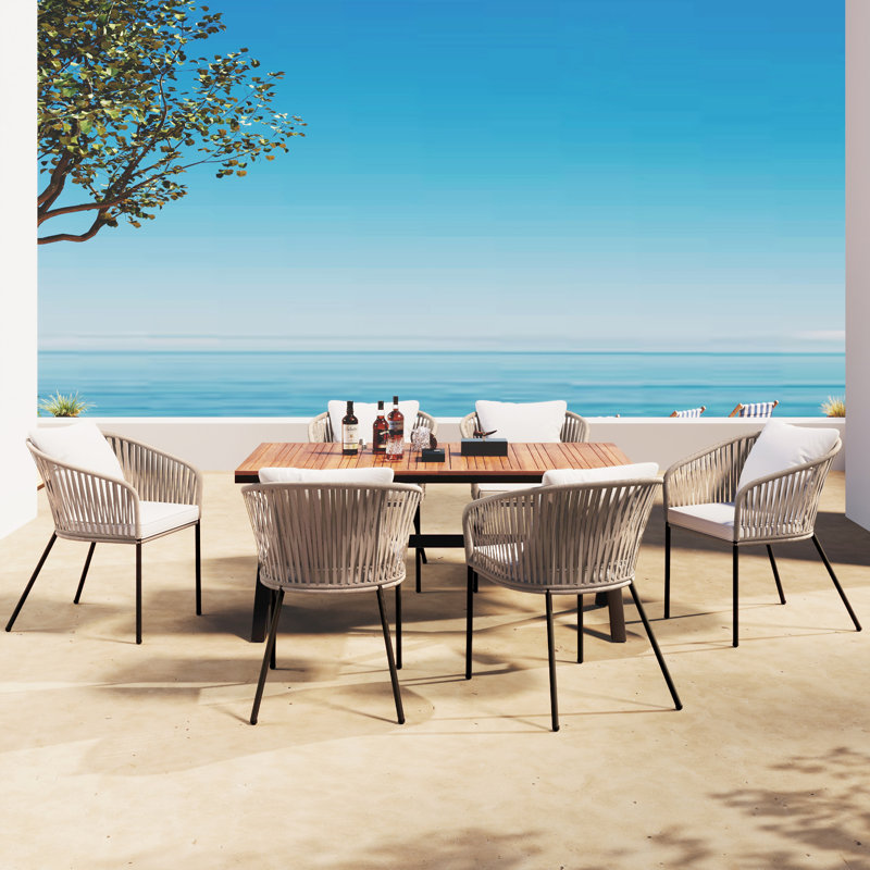 GO 7 Pieces Patio Dining Set, Beige Cushion/Brown Frame