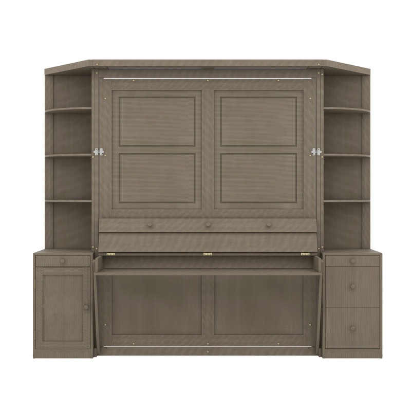 Grand lit escamotable avec bureau intégré, unités de rangement et armoires, Gris