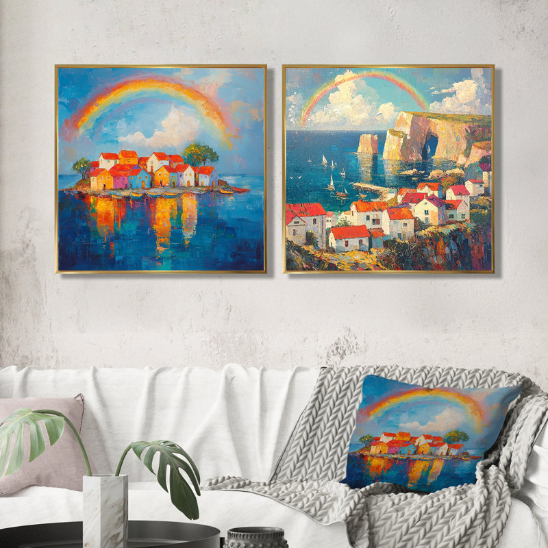 Coastal Rainbow Over The Fishing Village III - Art mural arc-en-ciel - Art mural traditionnel sur toile 2 pièces, Doré
