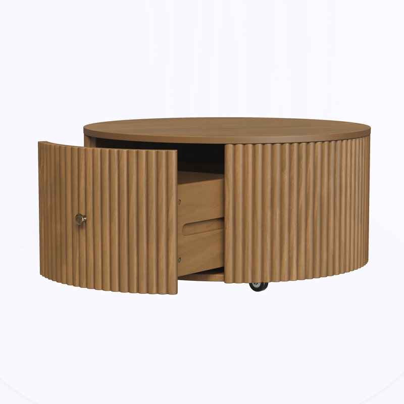 Table basse ronde cannelée en forme de tambour avec roulettes et deux tiroirs de rangement dissimulés