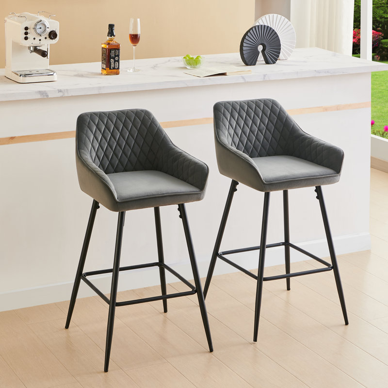 Saarrah 68cm Upholstered Bar Stool with Arms, Grey Velvet, 2