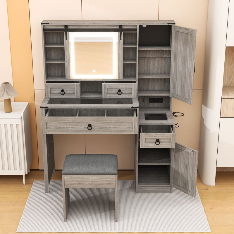Makeup Vanity with Sliding LED Mirror, Charging Station, Glass-Top Display, Dual Cabinets and Stool, Gray