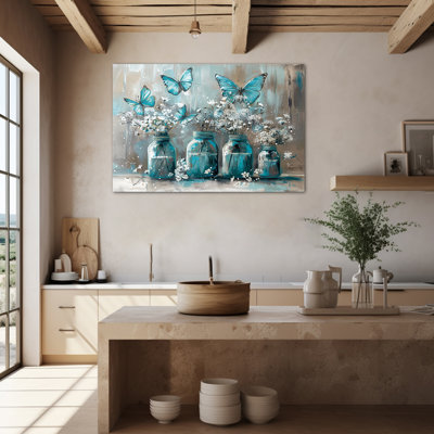 Flower Canvas Wall Art, Rustic Charm Country Floral Prints with Blue Butterflies, Serene Still Life Painting Artwork Decor, Vintage Botanical Picture Wall Decor for Bathroom Bedroom Living Room, 20x30 inches