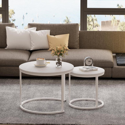Nesting Coffee Table, 23.6" Round Coffee Table Set Of 2, Wooden Nesting Table Set With Metal Frame, Side Tables For Living Room Bedroom Balcony, White by George Oliver