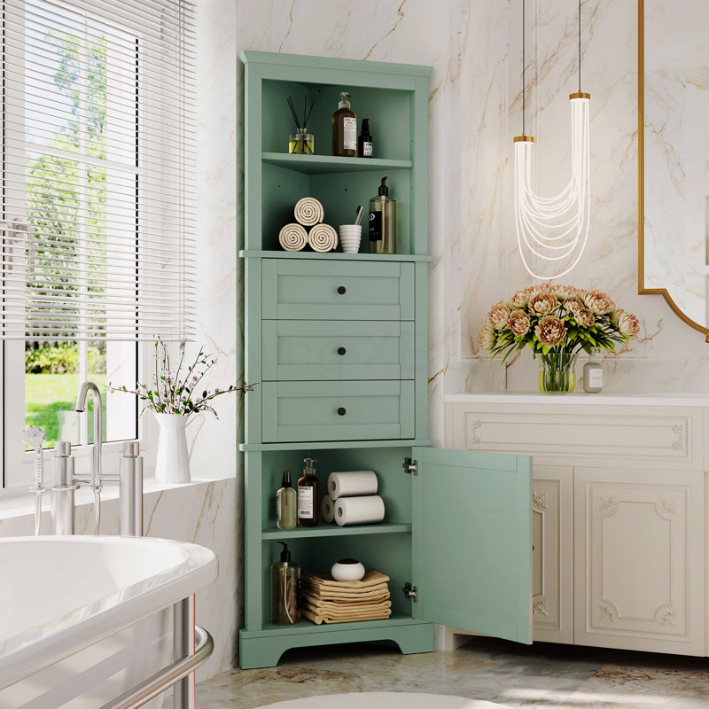 Armoire haute triangulaire avec 3 tiroirs et tablettes réglables pour la salle de bain, la cuisine ou le salon, panneau de fibres à densité moyenne avec finition peinte