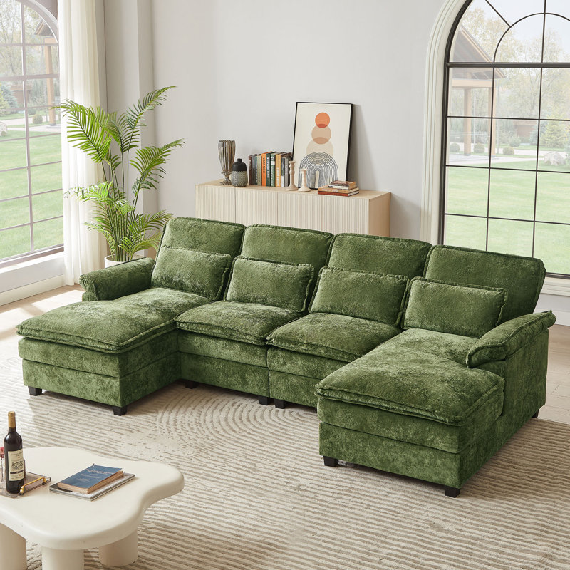 Chinelle Fabric U Shaped Double Layer Soft Sofa with Toss Pillows, Green
