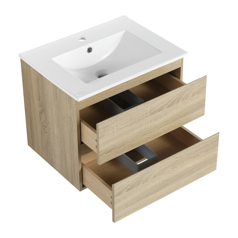 24" Wall-Mounted Bathroom Vanity With Ceramic Sink, 2-Soft Close Drawers, Light Brown, White