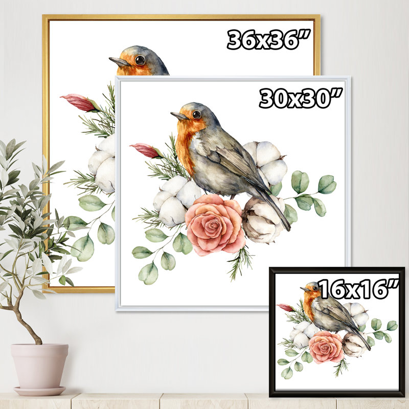 «Robin Redbreast with Cotton Rose and Leaves», peinture sur toile à cadre flottant, H 30 po x l 30 po x P 1 po