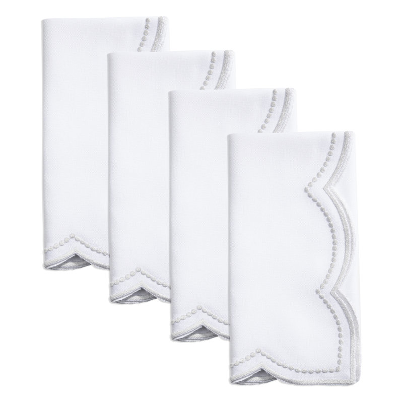Embroidered Polka Dot Napkin w/ Scallop Edge (Set of 4), White/Silver