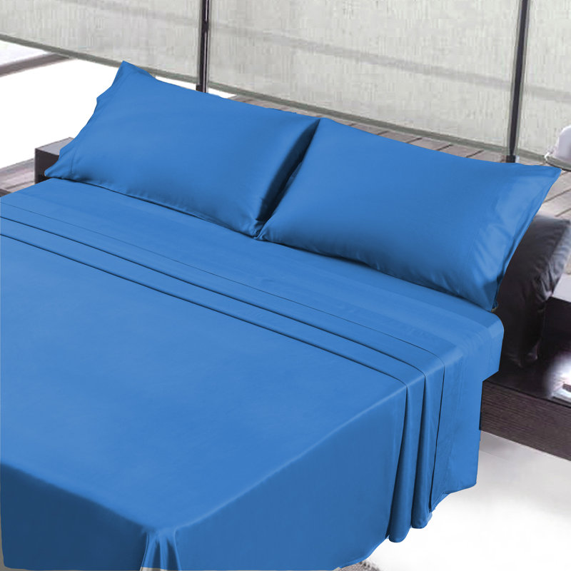 Ensemble de draps 100% coton 230 fils, Bleu, Ensemble de drap pour lit très grand avec drap-ho