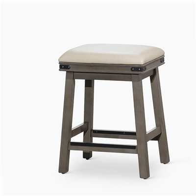 Tabouret de bar 24 po, traitement de surface gris patiné, siège en cuir gris français