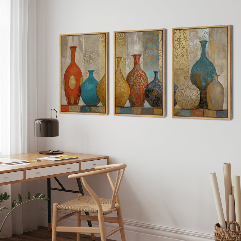 «Élégantes céramiques avec vases uniques ornementaux rétro, décoration bohème colorée», 3 pièces, Naturel