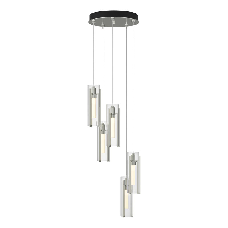 Luminaire suspendu cylindrique à 5 lumières Exos, Standard: 13 po à 80 po, Verre transparent, Argenté