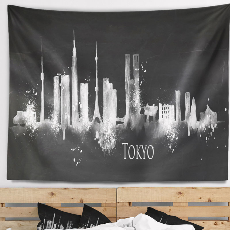 Tapisserie noire tokyo paysage urbain, H 32 po x l 39 po
