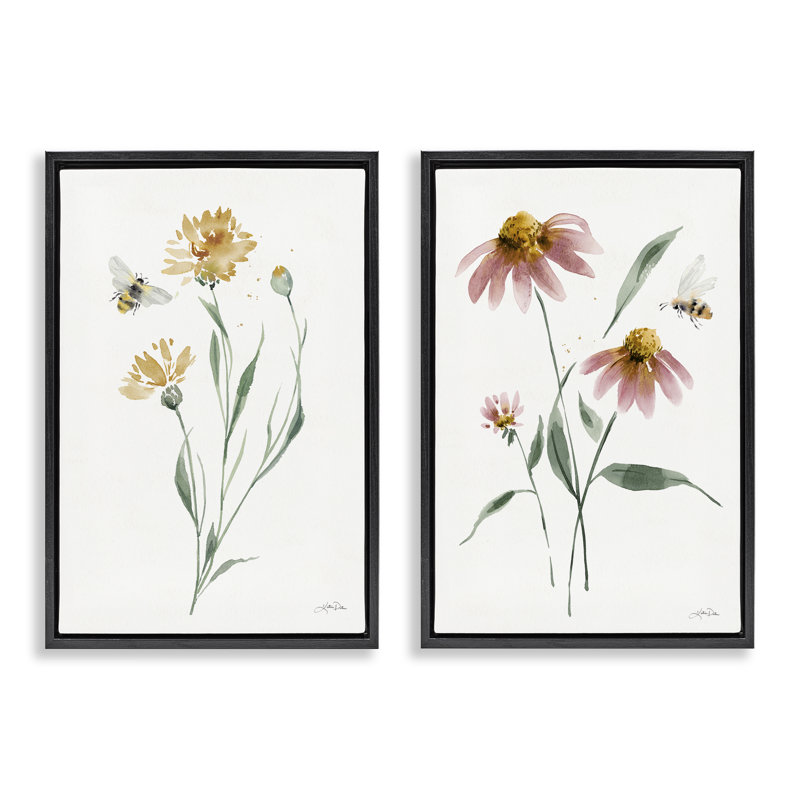 «Flower Stem Bees», ensemble de 2 toiles flottantes encadrées par Katrina Pete, H 25 po x l 17 po