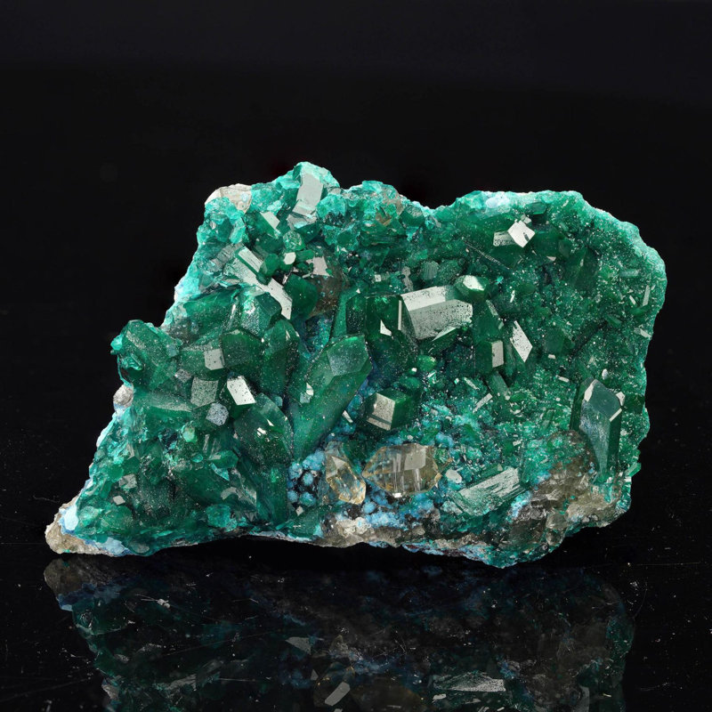Dioptase With Plancheite on Calcite I
