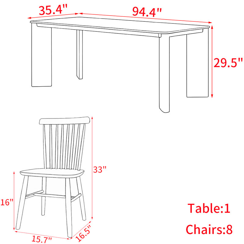 Ensemble de table de salle à manger simple en bois massif de style nordique, H 29,5 po x L 94,4 po x l 35,4 po