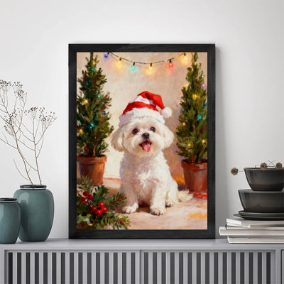 Black Framed Vintage Christmas cute and cheerful little dog Wall Art Retro Style Framed Prints