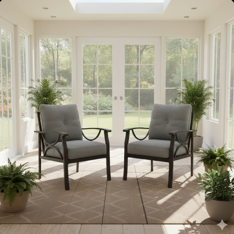 Set Of 2  All-Weather Metal Armchairs, Khaki Frame With Gray Cushions, Gray, Khaki